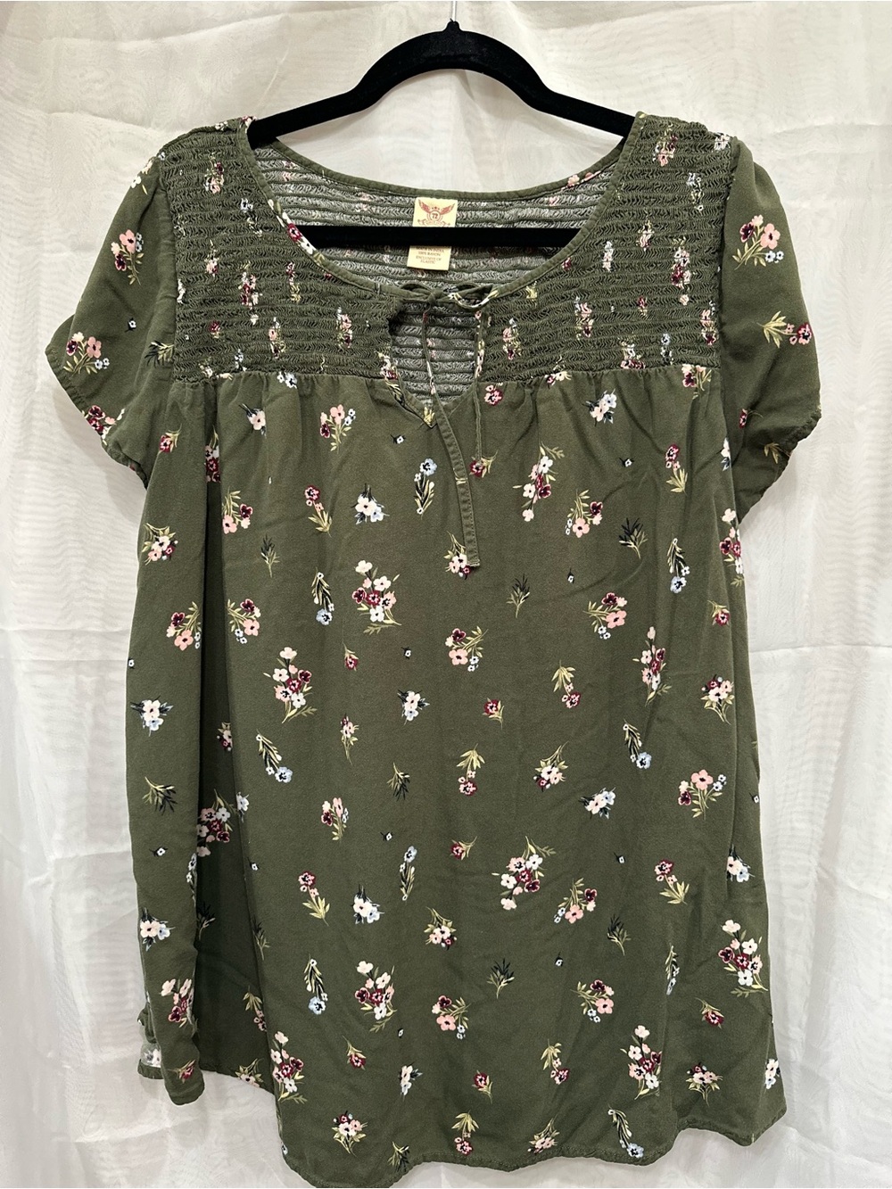 Faded Glory Olive Green Floral Smocked Yoke Tunic